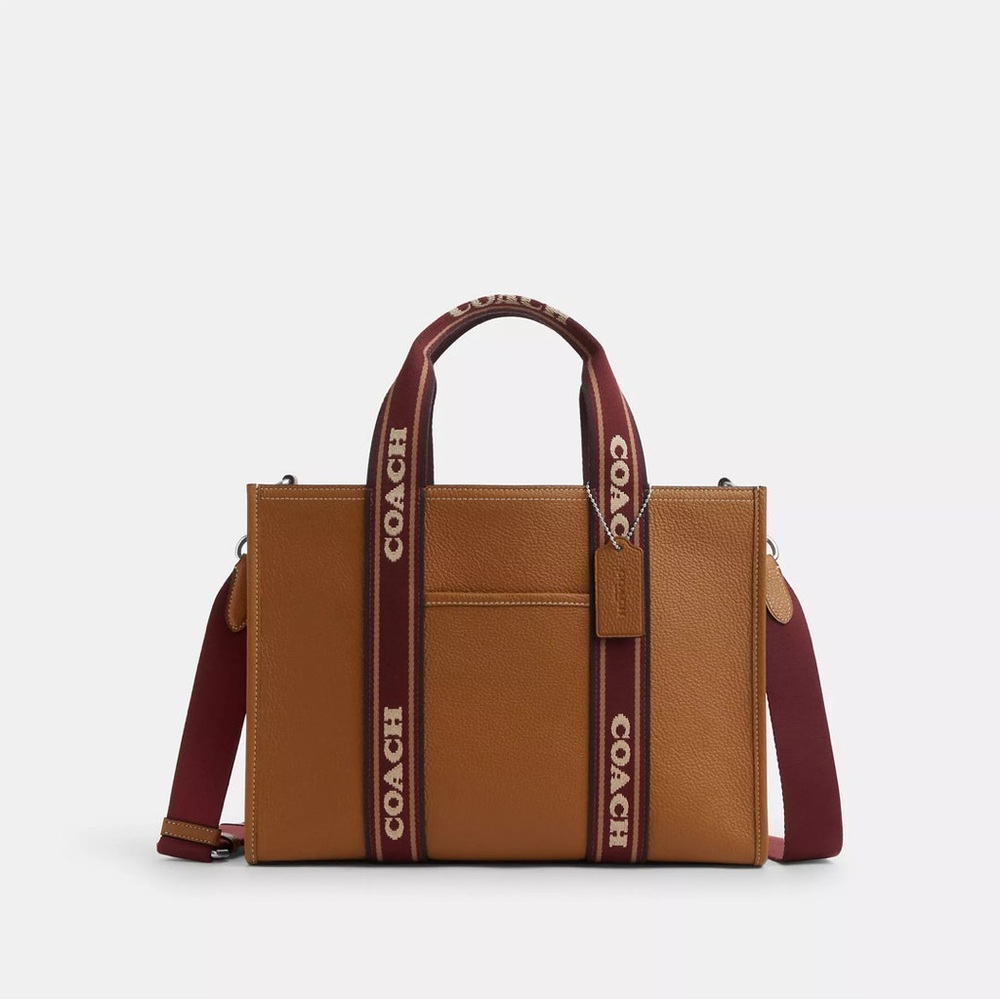 Authentic COACH Camel leather with Burgundy accents and strap/silver hardware.